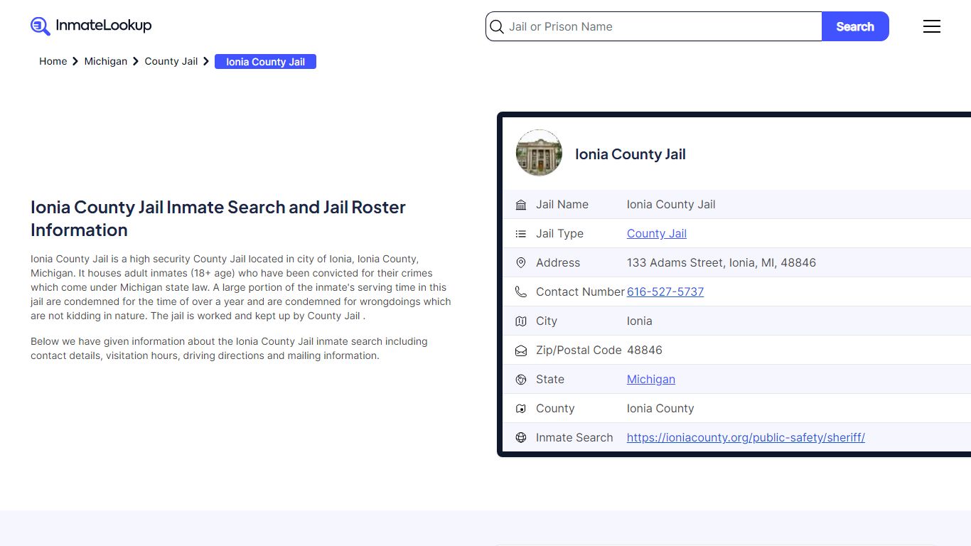 Ionia County Jail Inmate Search and Jail Roster Information - Inmate Lookup